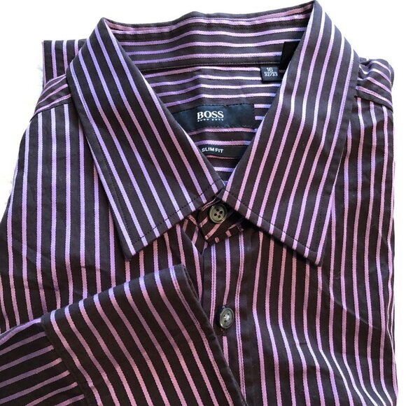 Hugo Boss Shirt Mens 16 32/33 Purple Back Stripes Button Up Preppy Casual - Picture 1 of 9